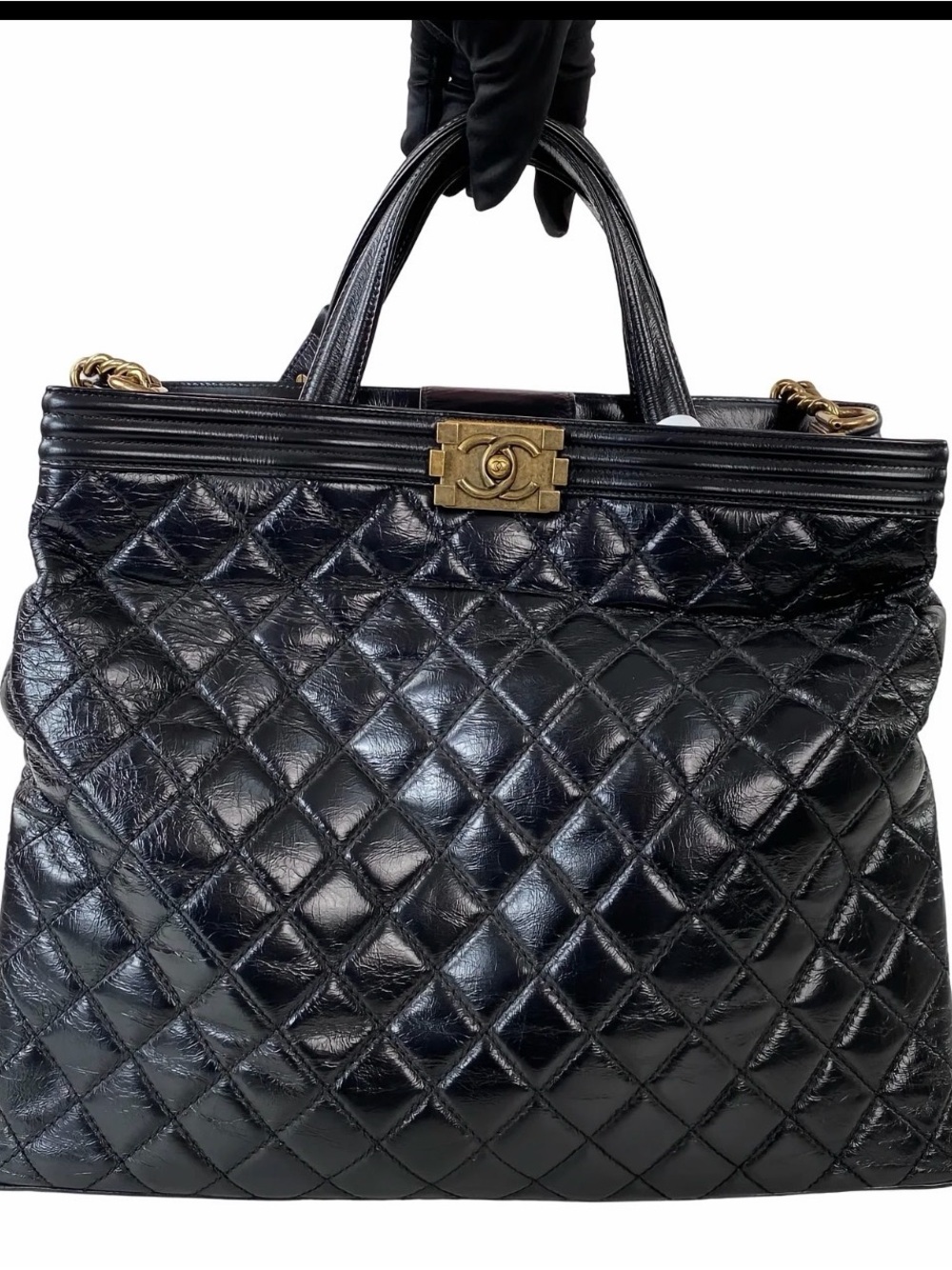 CHANEL Black Quilted Lambskin Top-Handle Tote with Gold Hardware